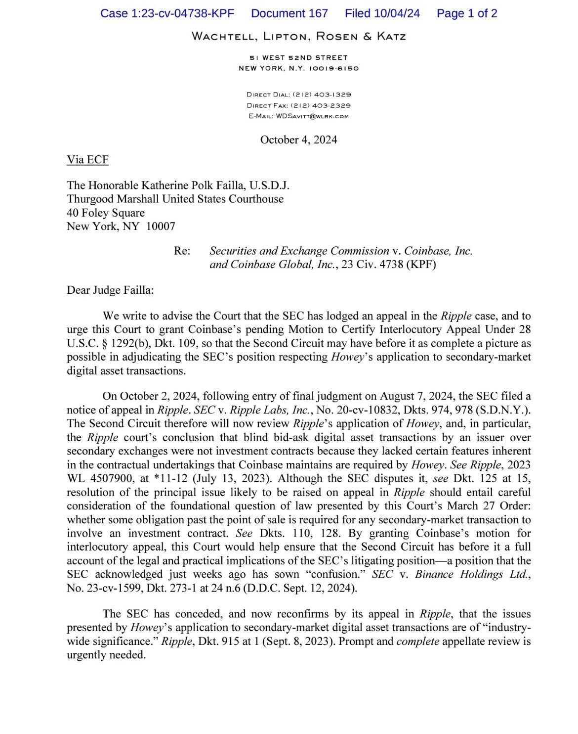 Coinbase solicita una apelación inmediata en la demanda de la SEC, citando el caso de Ripple. 2