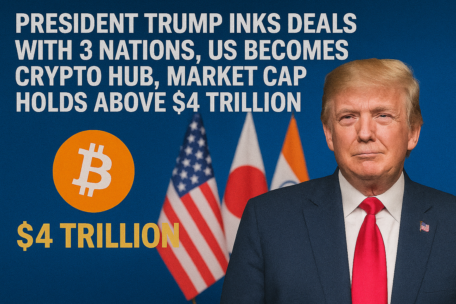 President Trump signs deals with 3 nations, US becomes crypto hub, market cap holds above $4 trillion. 1