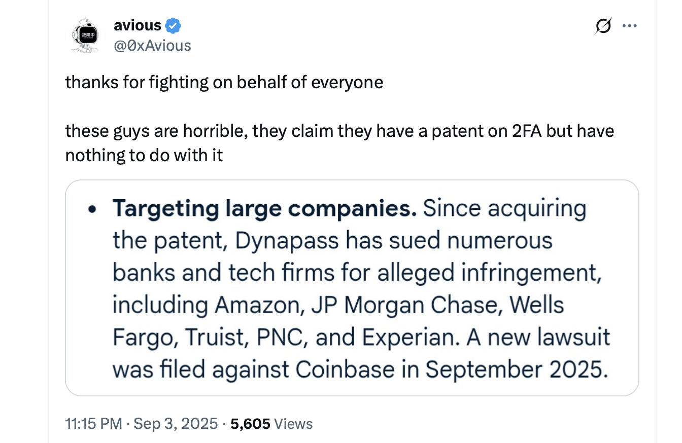 Coinbase sues firm over 2FA patent claims. 2