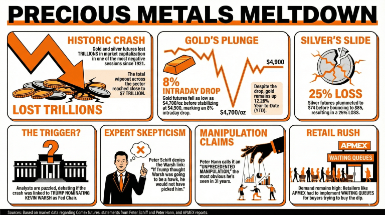 Friday Meltdown: Gold Loses 8%, Silver Slips Under $85 as Precious Metals Shed $7 Trillion 2
