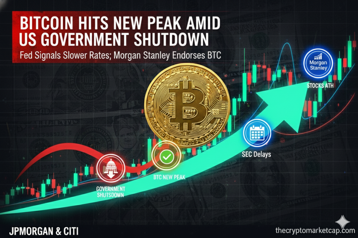 Bitcoin Hits New ATH Amid US Government Shutdown | Fed Signals Slower Rate Cuts; Morgan Stanley Endorses BTC 1