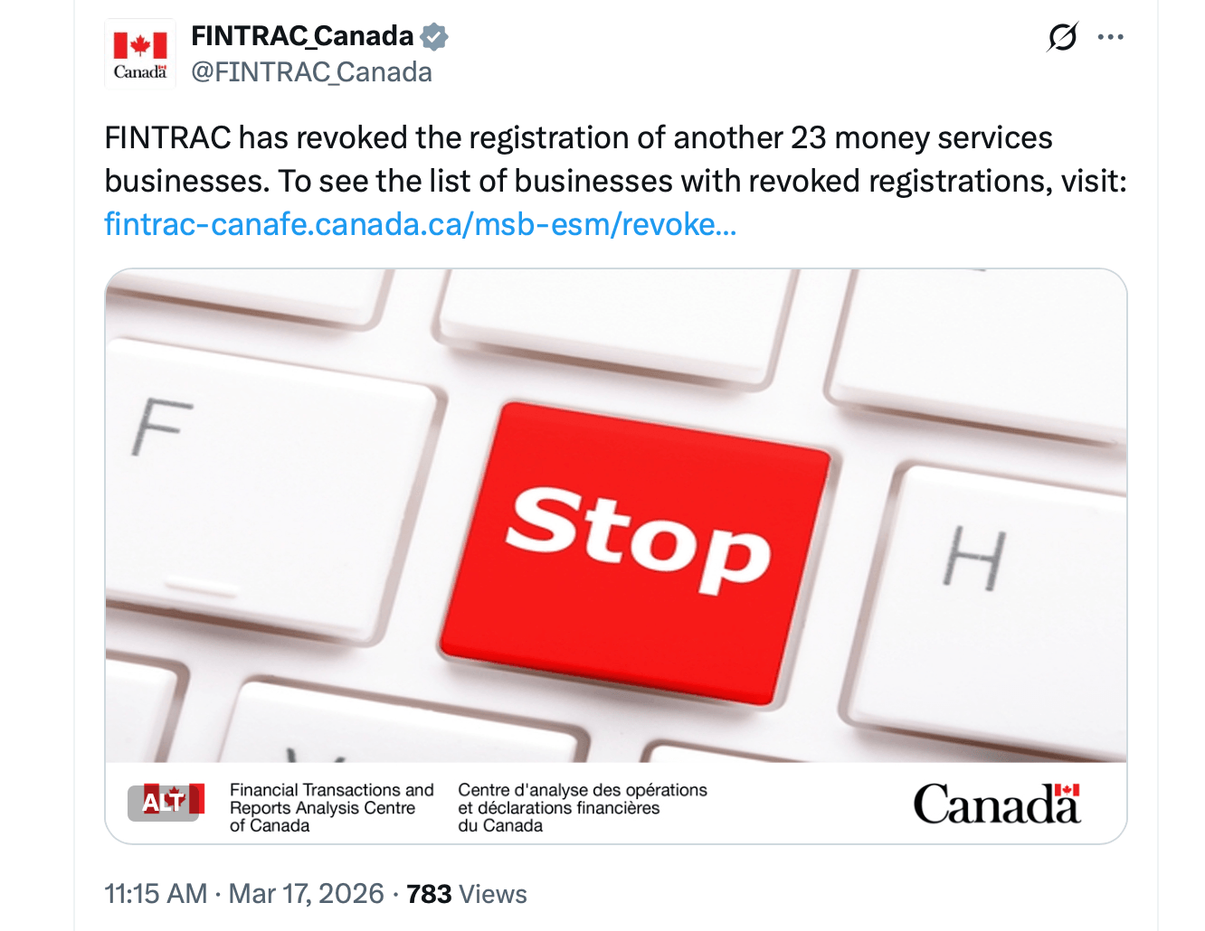 Canada Revokes 50 Money Services Licenses in 2026, With 23 Crypto Firms Taking the Hit Canada Revokes 50 Money Services Licenses in 2026, With 23 Crypto Firms Taking the Hit 2