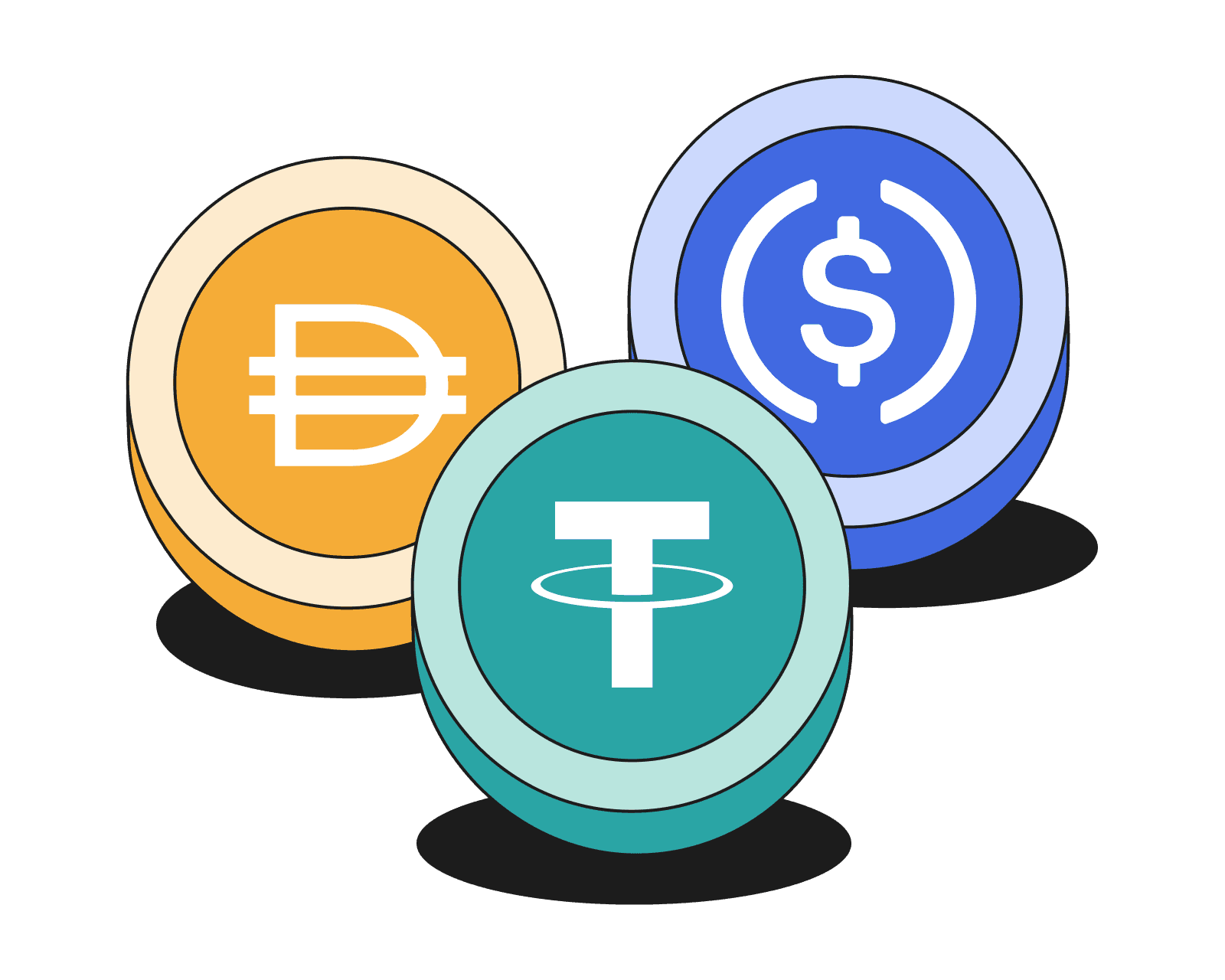 Stablecoins: USDT, USDC, USDE, DAI, BUSD, USDD, PYUSD, TUSD, RLUSD, UST, and FRAX 1