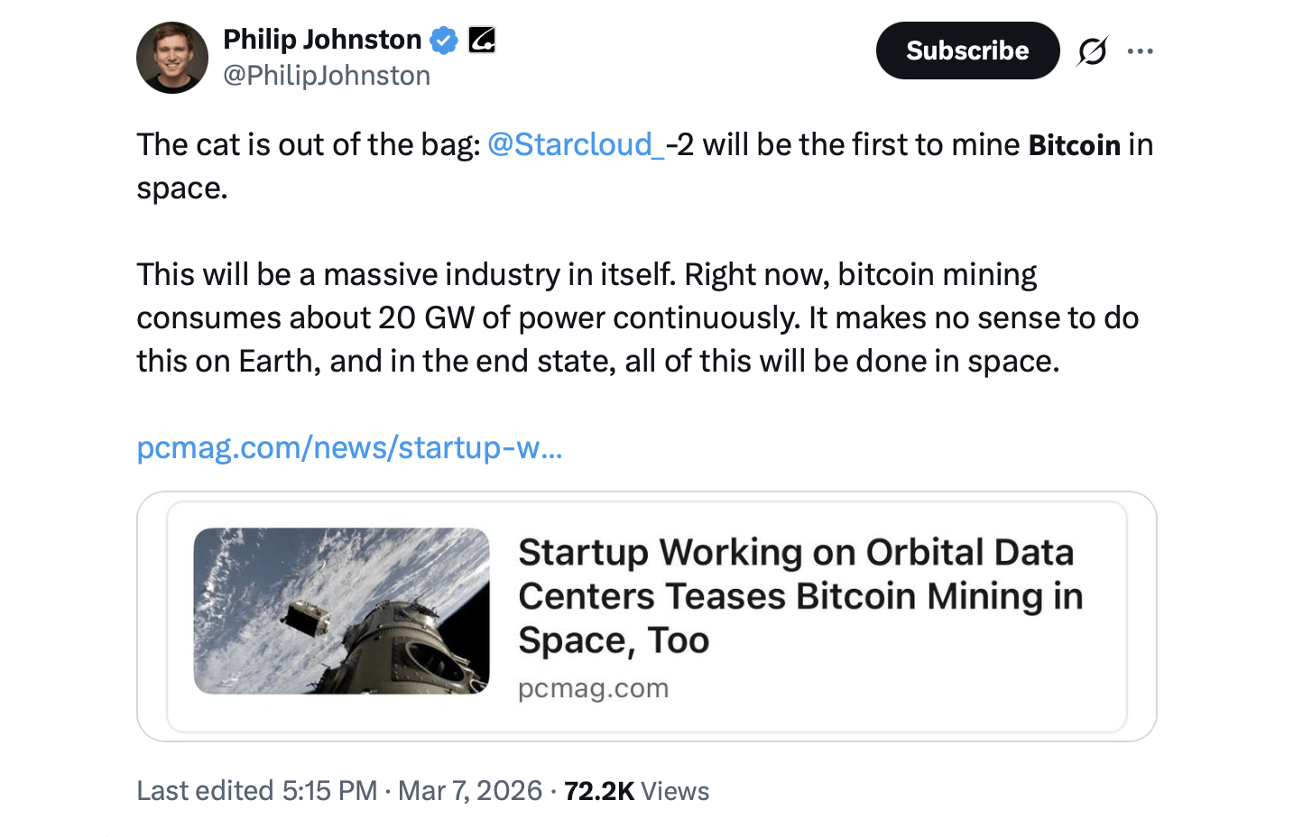 Startup Starcloud Plans First Bitcoin Mining Satellite in Low-Earth Orbit Startup Starcloud Plans First Bitcoin Mining Satellite in Low-Earth Orbit 2