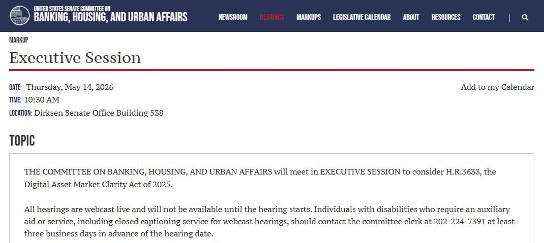 CLARITY Act Markup: Senate Banking Sets May 14 Crypto Rules Session CLARITY Act Markup: Senate Banking Sets May 14 Crypto Rules Session 2