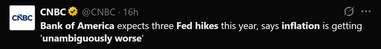 Bank of America: Fed's Inflation Problem 'Unambiguously Worse' as It Forecasts 3 Rate Hikes in 2026 2