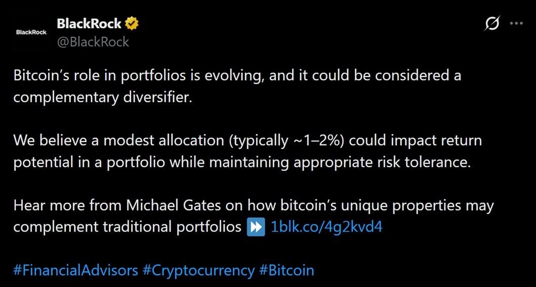 Blackrock Says Bitcoin's Role Is Evolving, Calls a 1%-2% Portfolio Allocation Appropriate 2