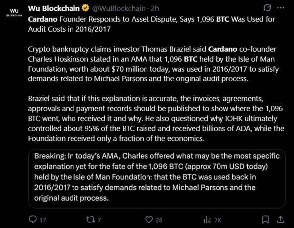 Cardano's Hoskinson Says Disputed 1,096 Bitcoin Funded a 2016 Audit Amid $70 Million Mystery 2