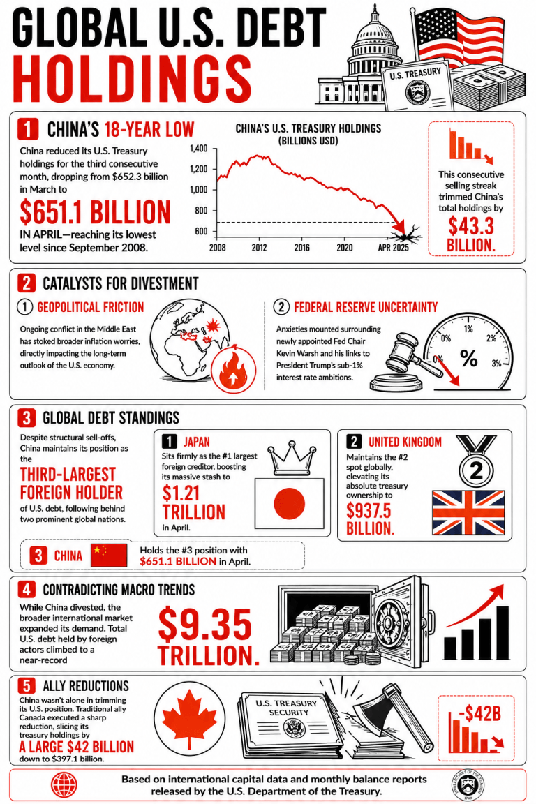 China Trims US Treasury Holdings to $651.1 Billion, Hitting an 18-Year Low China trims US Treasury holdings to $651.1 billion, hitting an 18-year low. 2