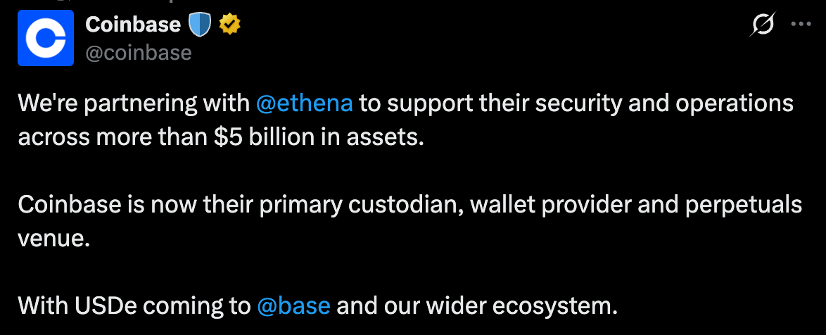 Coinbase Ventures Invests in ENA as Ethena Scales USDe Beyond $1B 2