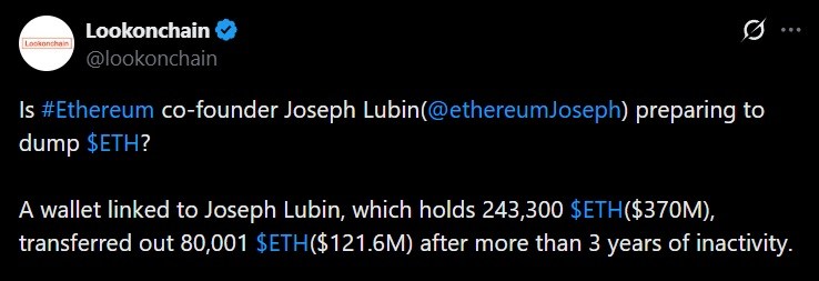 Ethereum Co-Founder Joseph Lubin's Wallet Stirs After 3 Years, Moving 80,001 ETH Worth $121.6M Ethereum Co-Founder Joseph Lubin's wallet stirs after 3 years, moving 80,001 ETH worth $121.6M. 2