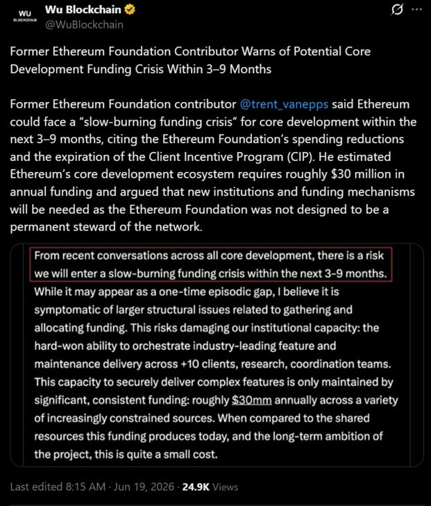 Ex-Ethereum Foundation Lead Warns Core Devs Could Run Short of Funding in 3-9 Months 2