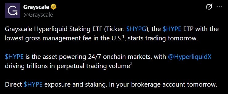 Grayscale's Hyperliquid Staking ETF Debuts With Lowest US Fee at 0.29% 2
