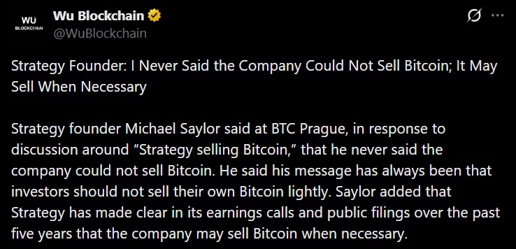 'I Never Said the Company Could Not Sell Bitcoin': Saylor Walks Back 'Never Sell' at BTC Prague 2