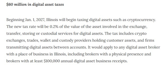 Illinois Governor JB Pritzker Greenlights Crypto Tax of 0.2% on Every Transfer Starting 2027 Illinois Governor JB Pritzker has approved a 0.2% crypto tax on every transfer starting in 2027. 2