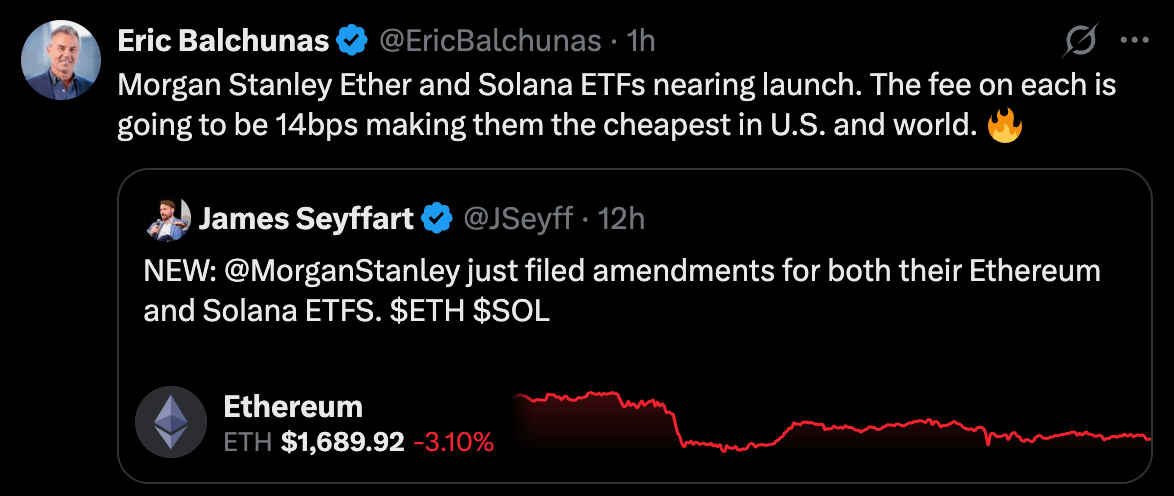 Morgan Stanley Sets 0.14% Fee on Amended Ethereum and Solana ETFs Filing 2