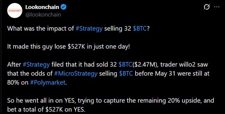 Polymarket Trader Loses $527K as Strategy's First Bitcoin Sale Since 2022 Settles a Heated Bet 2