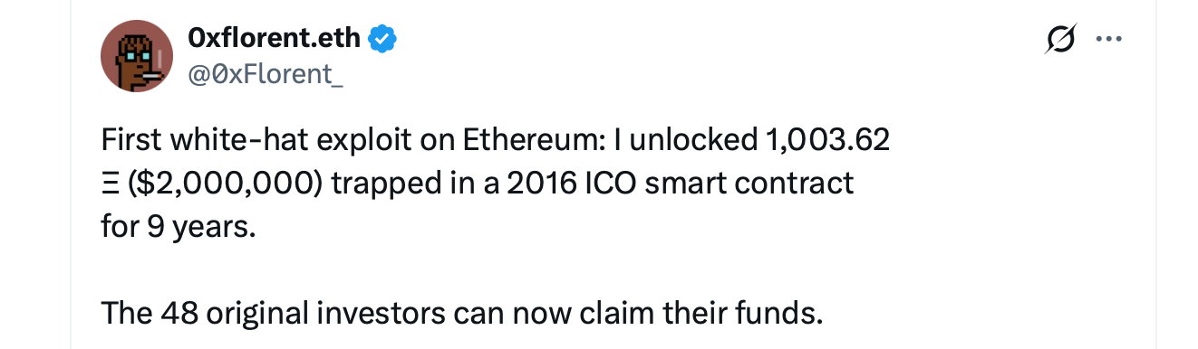 Researcher Cracks 9-Year-Old Bug, Frees $2M in Ethereum Locked Since 2016 ICO Researcher Cracks 9-Year-Old Bug, Frees $2M in Ethereum Locked Since 2016 ICO 2